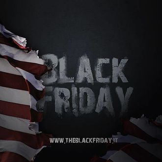 A torn US flag in front of a black background with white text saying Black Friday.